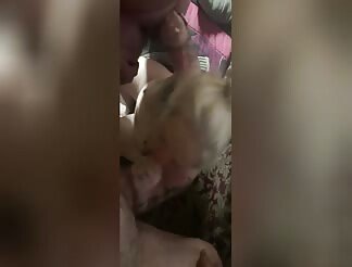 Inked blonde covered in cum after sucking two dicks