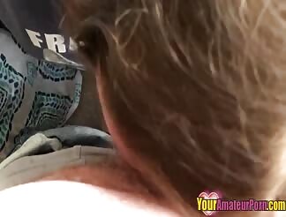 Brunette chubby chick sucking small dick