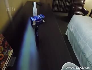 Babe in fishnet stockings eats cum after interracial threesome