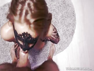 Masked hottie sucks dick on her knees