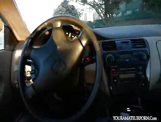 Gorgeous babe fills her mouth with cum in a car