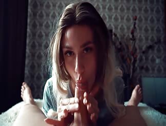 Adorable girl blowing cock gets a load of cum