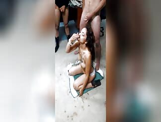 Woman receives several loads of cumshots on her face 