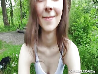 Public blowjob with a sweet brunette girl