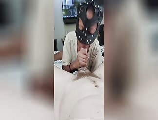 Masked mixed teen makes white cock cum on camera!